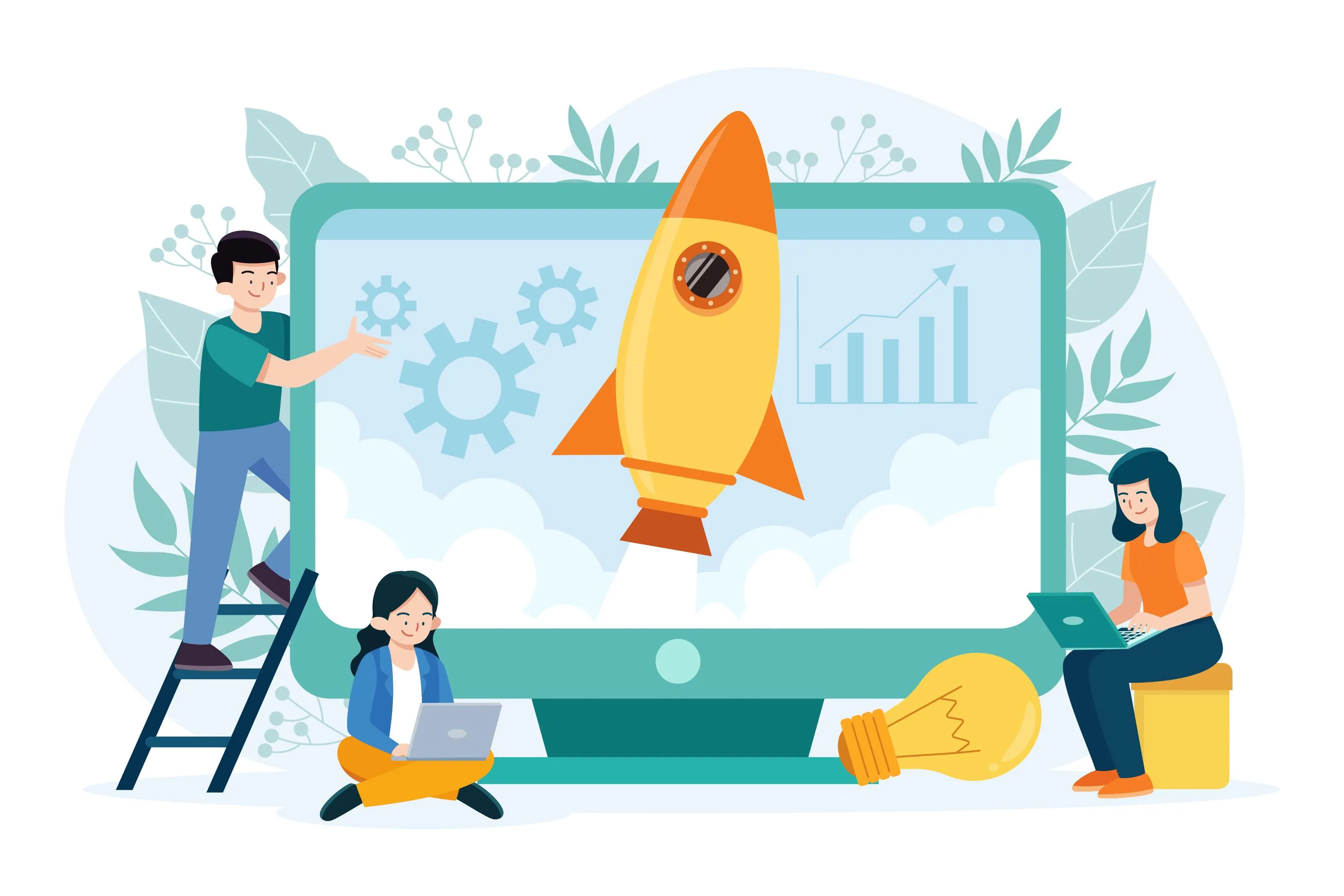 Illustration d'une équipe travaillant sur le growth hacking. Une fusée décolle d'un écran d'ordinateur, symbolisant une croissance rapide, avec des graphiques de progression et une ampoule représentant les idées innovantes et les stratégies d'accélération.